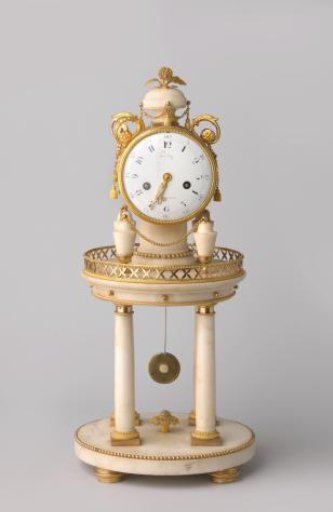 Marble pendulum clock under a round glass dome