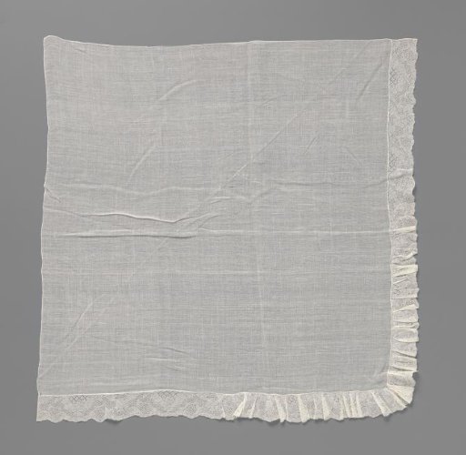 Fichu of batiste with ruffled strips of lace on two sides with rocailles and half medallions with rosette flower