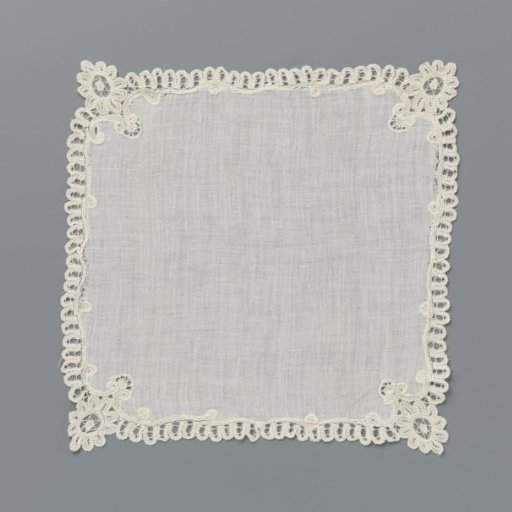 Handkerchief of batiste with scallop border of half-oval arches and rosette flower with star-shaped flower center in the corners
