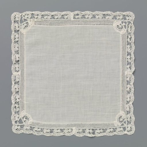 Handkerchief of batiste with double ornamental border with leather knots and J-shaped motifs