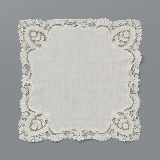 Handkerchief of batiste finished around with bobbin lace with a pinecone-shaped cartouche with rosette flower in each corner