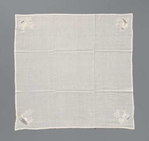 Handkerchief with embroidery on the corners including animals and a glory, and needle lace in open work