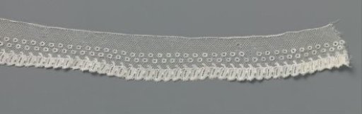 Strip of bobbin lace with two rows of open bobbins and a row of leaves