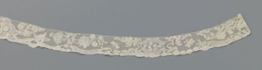Strip of bobbin lace with flower branch and insect between two cartouches