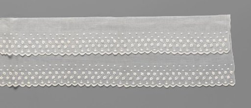 Strip of glass batiste with white work with rows of leaves and dots