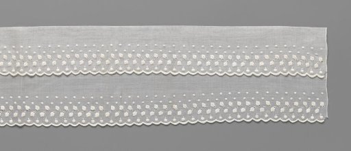 Strip of glass batiste with white work with rows of leaves and dots