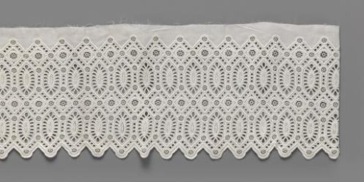Strip of cotton with lace embroidery with a geometric pattern of hexagons between diamonds and zigzag shells
