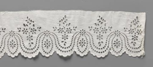 Strip of cotton with lace embroidery with wavy double garlands of 'pearl strings' and hanging flower branches