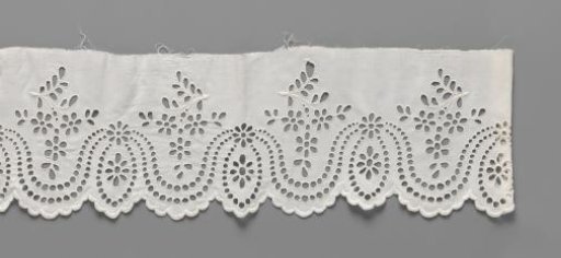 Strip of cotton with lace embroidery with wavy double garlands of 'pearl strings' and hanging flower branches