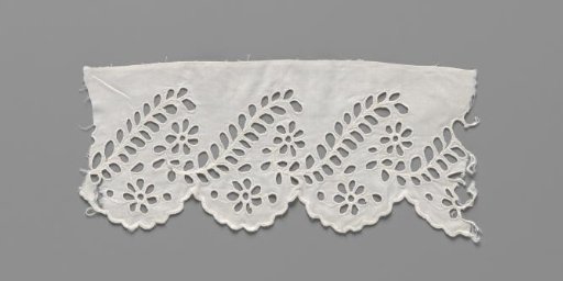 Strip of cotton with lace embroidery of daisies between feathered S-shaped leaves