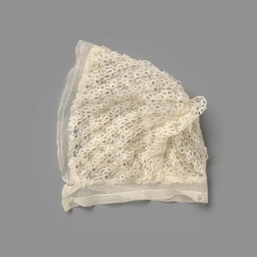 Girls' Cap of Two Parts of White Tulle, Decorated with Diagonal Strips of Lace; Along the Edge Only a Strip of Tulle