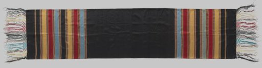 Rectangular scarf of black silk, striped with blue, yellow and red across the short side, fringes at the ends