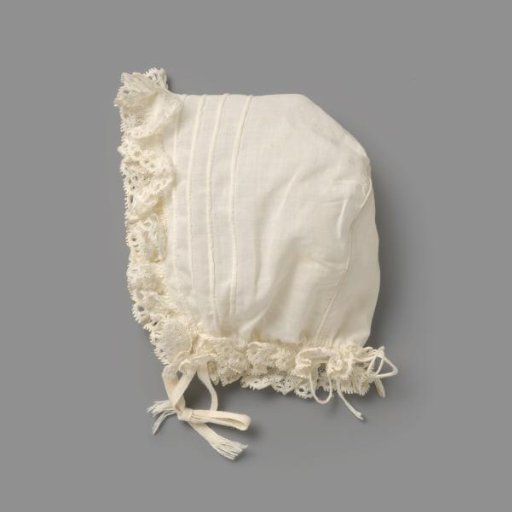 Girl's cap of white cotton, decorated in front with four smockings and edged with two scalloped lace borders