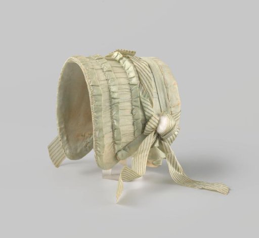 Bonnet hat of light turquoise taffeta, decorated with white and turquoise striped ribbon