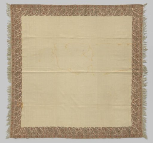 Square cashmere shawl with a natural-colored field, bordered by a band with a floral motif and narrow stripes in red, green and cream