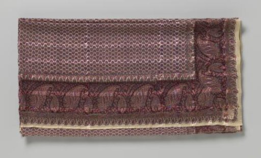 Rectangular palm shawl, with a white ground printed with a central field featuring a scattered pattern of small blue-red flowers and along the edge a band of small and large floral motifs