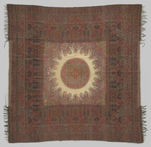 Square scarf with colored heart rosette on white ground within wide ornamented borders