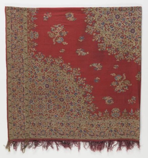 Square Cashmere Shawl with a Red Center, Featuring Small Paisley Motifs, a Large Round Central Medallion, Quadrant Circles in Blue, Green and Cream