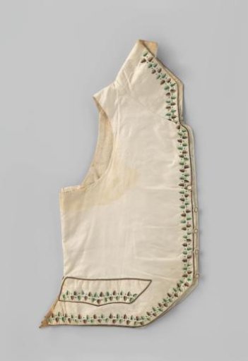 Waistcoat with two flap pockets, high standing collar and four fabric buttons of cream silk, embroidered with a foliate scroll in green shades, brown zigzag line with sequins and piping