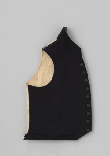 Waistcoat with slightly cut and frayed front panels with rounded corners and nine buttons, fastening with six buttonholes, of black wool; lined with linen, flannel lining
