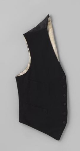 Vest without collar of woolen twill (?), with six buttons, two patch pockets on left and right and a back of black satin
