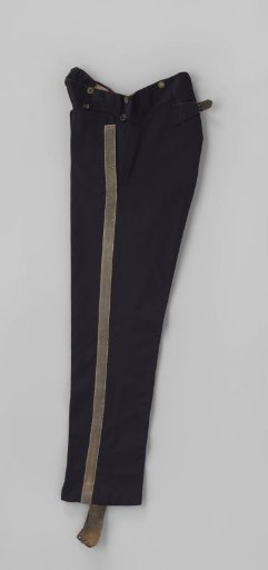 Trousers of dark blue, fine shiny wool with long leg without turn-up, flap with five buttons and wide silver braid on the outer seams; at the bottom detachable wide leather straps, part of a civic guard uniform