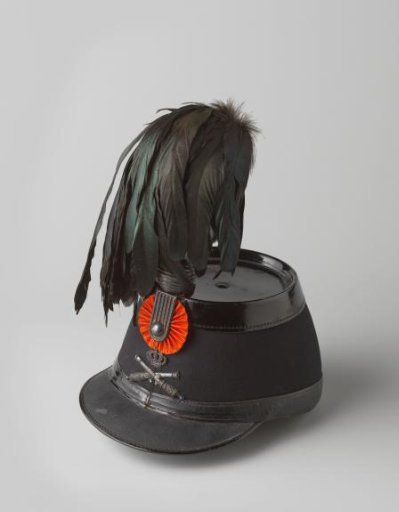 Shako of black cloth and black lacquered leather