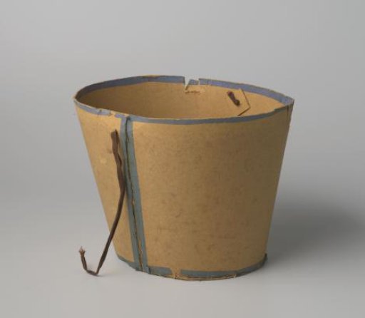 Conical Box of Brown Cardboard, Decorated with Blue Piping; the Lid is Missing; Intended for a Shako