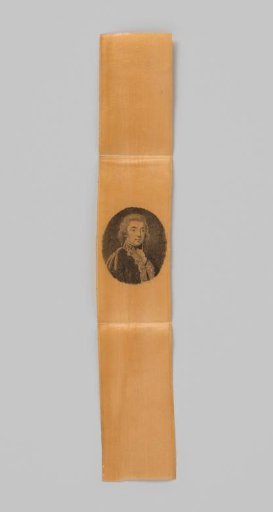 Ribbon of orange satin, upon which in stipple engraving an oval portrait of hereditary prince Willem Frederik (later king Willem I) in uniform of the 'Garde de corps'