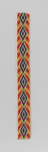Livery band of wool, black with white checks on a background of herringbone in yellow and red