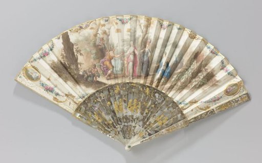 Folding Fan, Consisting of a Paper Leaf in Gouache Painted with 'The Judgement of Paris' on a Mother-of-Pearl Mount à jour and in Relief Carved with 'Métal en quatre Couleurs'