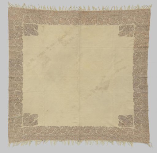 Square Shawl with a Plain White Central Field with a Small Corner Motif and a Light Blue and Red Striped Border with Cut-out Paisleys