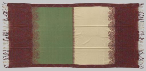 Long Kashmir shawl with a partially white and partially natural-coloured field, with a broad pattern with purple palm motifs at the short end