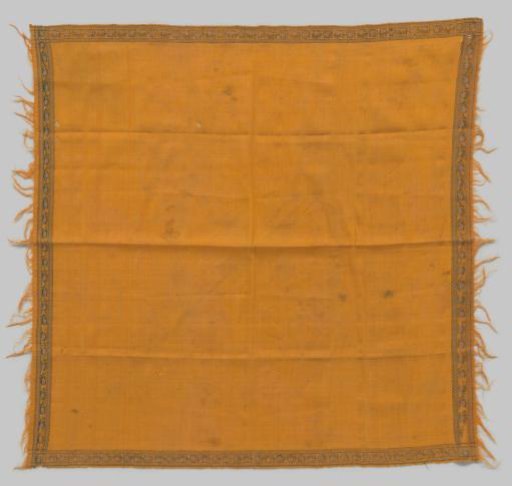 Square Kashmir shawl with a plain orange ground, featuring a narrow band with continuous flowers
