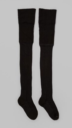 Stocking of Solid Black Silk, Semi-Transparent Section, with Heel, Toe, and Wide Cotton Cuff