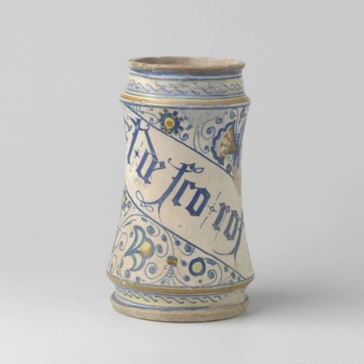 Albarello with an inscription on a scroll: ET A FRO ROF (?)