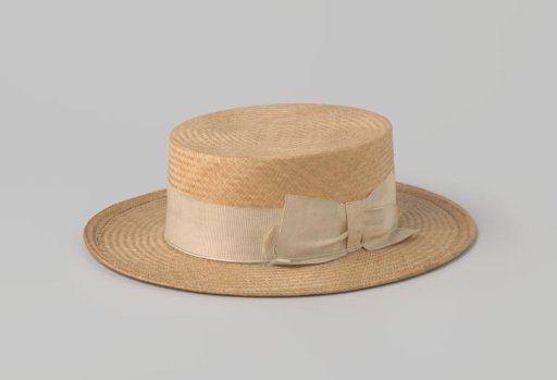 Straw hat of finely woven natural-colored straw, with white ribbon