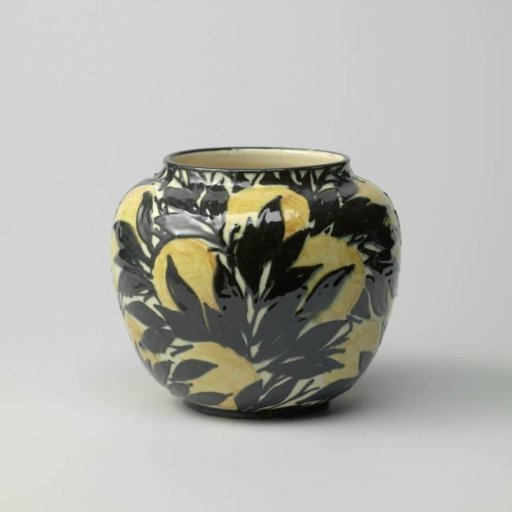 Pottery vase, relief-decorated with yellow lemons and black leaves on a yellow-white ground