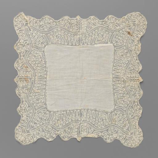 Handkerchief of batiste with a border of Eastern European lace with narrow winding bands worked in a symmetrical pattern