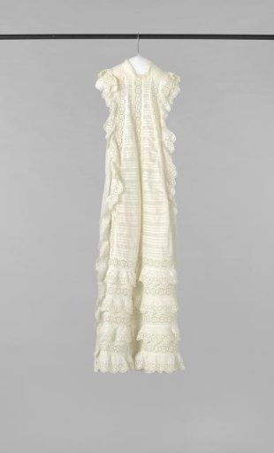 'Long Dress' for a Baby, of White Cotton, Decorated with Tucks, Inserts and Strips with English Embroidery, Fitted with Fixed Belt Bands