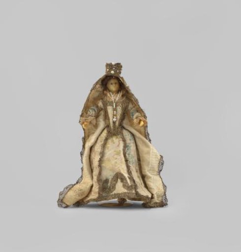 Wax doll. Queen or Maria figure, dressed in white floral silk, with veil and crown