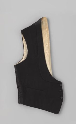 Smoking waistcoat of black cloth, with deep shawl collar, three buttons and three slash pockets; back of black satin (?) with strap and buckle and lining of white cotton