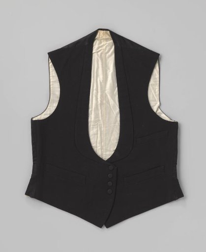 Waistcoat with very deep rounded neckline with round collar, diagonally cut front panels, four silk fabric buttons and three patch pockets of black wool; black satin back