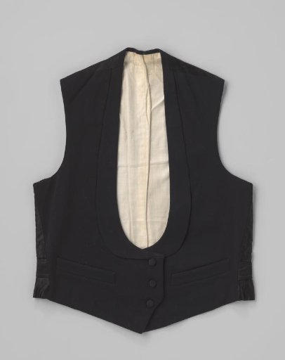 Waistcoat of black wool with very deep rounded neckline with round collar, diagonally cut front panels, three silk fabric buttons and two patch pockets