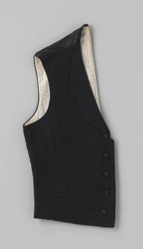 Waistcoat of rough tweed in brown-grey, woven in twill, tailored model, the fronts cut at the bottom in a closed arch