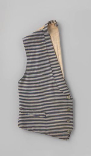 Waistcoat with three patch pockets and a shawl collar of blue-and-white horizontally striped cotton, with four metal buttons featuring a fleur de lys and the motto "hora ruit"; back panel of white cotton.