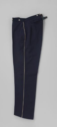 Long straight trousers with metal buttons (marked: solide neuheit) of white-ribbed blue cloth