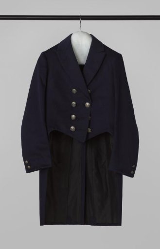 Jacket with short, straight rounded front panels, back panels with a slit, flat collar, short lapels, and buttons with fleur de lys and motto (hora ruit) of blue cloth