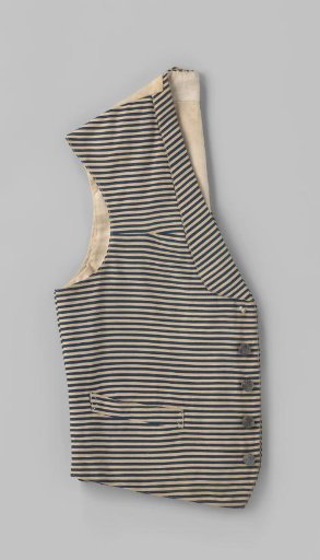Waistcoat with two patch pockets and a shawl collar of blue-and-white horizontally striped cotton, with four metal buttons featuring a fleur de lys and the motto "hora ruit"; back panel of white cotton. One button is missing.