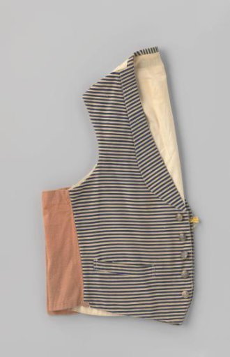 Waistcoat with two slash pockets and a shawl collar of blue-and-white horizontally striped cotton